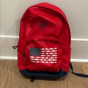 Columbia Red Backpack with American Flag Fish Design